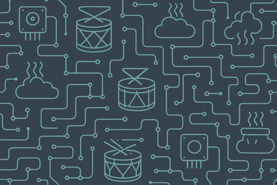 Seamless tech pattern with drums, circuits, and cloud icons