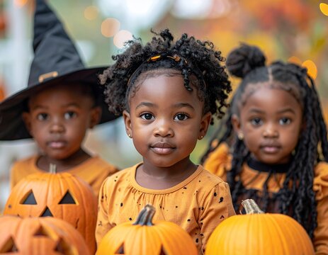 Three adorable African American children in Halloween costumes with pumpkins.
