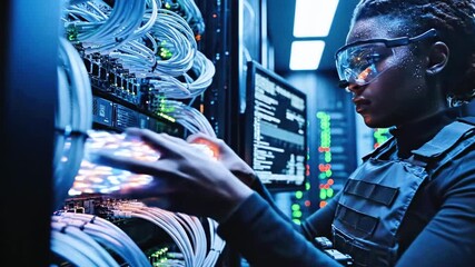 A person in a data center works on servers. Lights and cables are in focus. A tech concept - Powered by Adobe