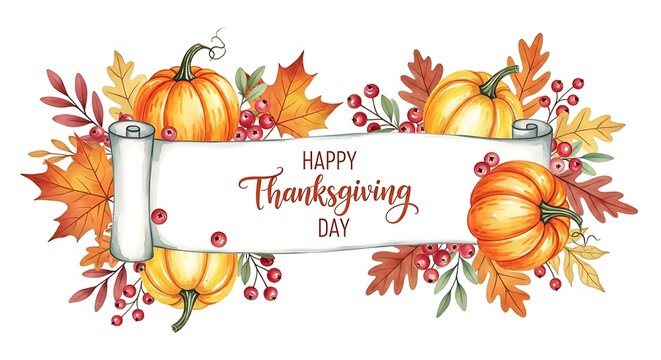 Elegant watercolor 'Happy Thanksgiving Day' scroll banner featuring vibrant autumn pumpkins, colorful fall foliage, and berries, ideal for festive holiday greetings and designs