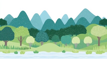 Peaceful landscape with mountains, trees, and river.  Possible use Children's book illustration