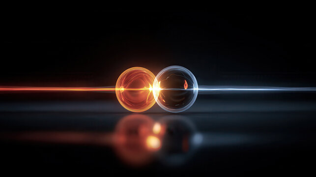 Two glowing orbs connected by light beams on a dark reflective surface