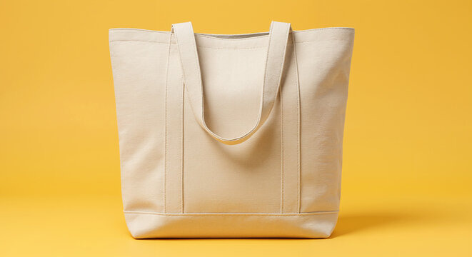 Canvas tote bag mockup on a yellow background for design branding and sustainable lifestyle concepts.