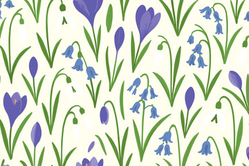 Seamless pattern with snowdrops, bluebells, and crocuses