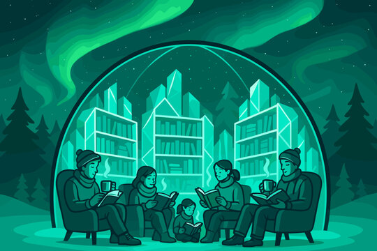 People reading in cozy dome library under northern lights