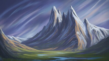 Majestic snow capped mountains rise above a lush green valley under a cloudy sky