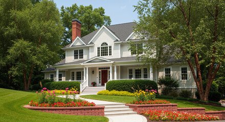 Luxury suburban home exterior with a beautifully landscaped front yard, manicured lawn, and garden on a sunny day.