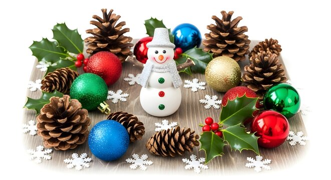 Festive christmas decorations including a snowman pinecones and colorful ornaments