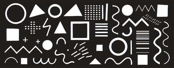 Abstract geometric pattern of white shapes on a black background including circles, triangles, squares, lines, and waves. Modern minimal design perfect for branding, posters, digital art, and creative
