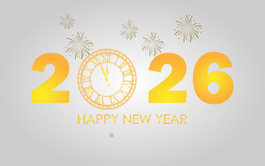 2026 Happy New Year with Golden Clock and Fireworks on Light Background