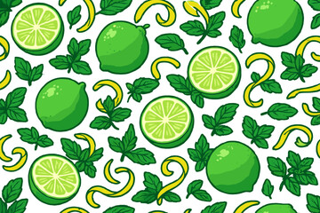 Seamless pattern with whole limes, lime slices, and mint leaves