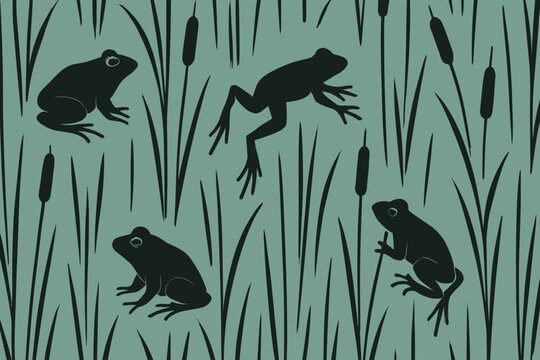 Frog silhouette pattern with cattails and reeds on teal background