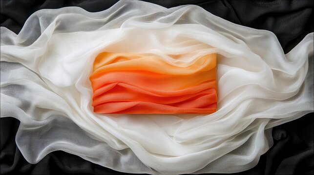 A rectangular piece of fabric with an orange to white gradient is draped with flowing sheer white and black fabric.