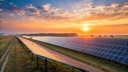 Solar panels generating clean energy at sunrise
