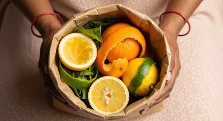 Zero waste lifestyle with a woman holding a compost bin of citrus fruit peels and food scraps for recycling.