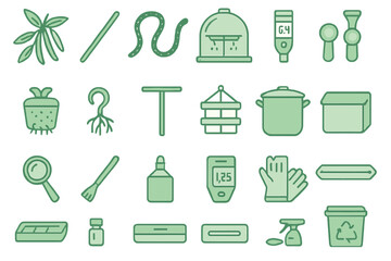 Garden and laboratory tool icons on green gradient background