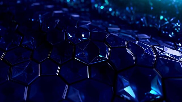 Abstract dark blue hexagonal patterns distorting under a scanning bright cyan neon light beam in a seamless 3D loop, illustrating futuristic technology and cybersecurity concepts.