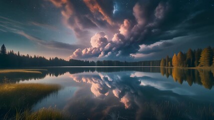 A calm reflective lake beneath dramatic clouds creates a serene atmospheric visual ideal for nature themes, cinematic landscapes, travel footage and peaceful digital design backgrounds. - Powered by Adobe