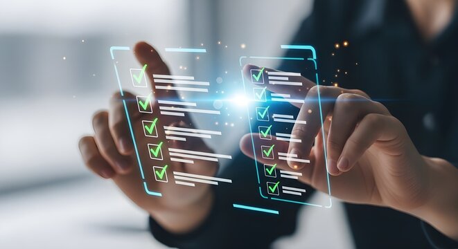 Futuristic technology interface woman interacting with transparent digital screen