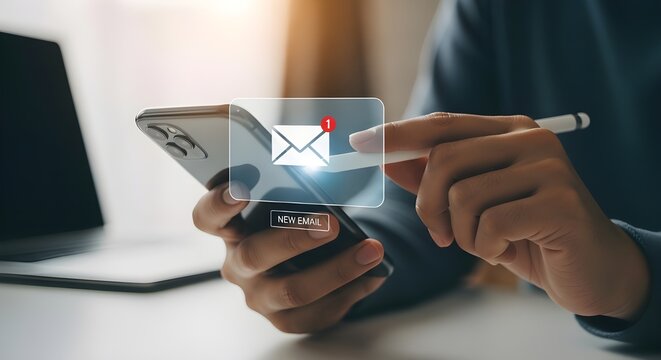 Man checking email on smartphone with stylus pen and laptop nearby