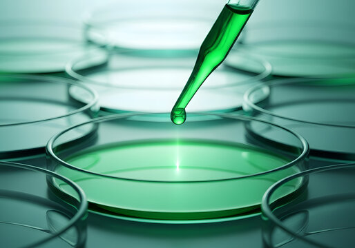 Green liquid being dropped into petri dish for scientific research work