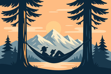 Person reading in hammock by mountain lake at sunset