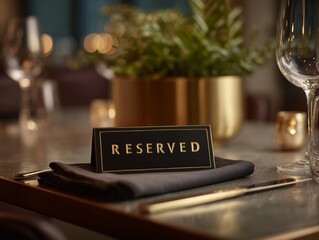 Elegant table setting with a reserved sign, creating an inviting ambiance. Concept for fine dining experience, event planning and restaurant decor