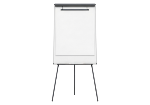 Office Flip Chart Board With Blank Sheet on Stand, Cut Out, Clipping Path, Isolated on a Transparent PNG Background.