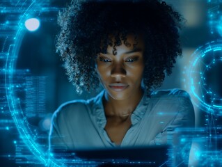 Portrait of Focused IT Project Manager analyzes data on futuristic augmented screen, concept for software development, tech presentation and digital marketing