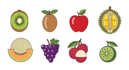 Assortment of colorful fruits kiwi apple grapes lychee and more isolated