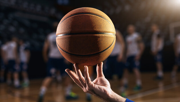 Hand Spinning a Basketball on Finger with Team Players in Background