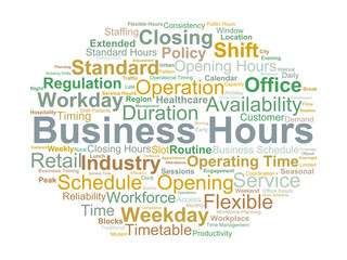 Business Hours Word Cloud. Key Terms on Operating Times and Work Schedules