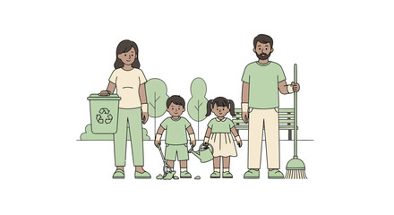 Joyful family unites for eco-friendly park cleanup, fostering environmental stewardship and community spirit with recycling efforts.
