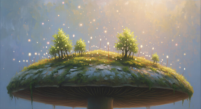 Macro photograph of a hidden ecosystem on top of a giant mushroom cap, tiny bioluminescent trees growing like a miniature forest, glowing spores floating in the air, razor-sharp depth of field, surrea - Powered by Adobe
