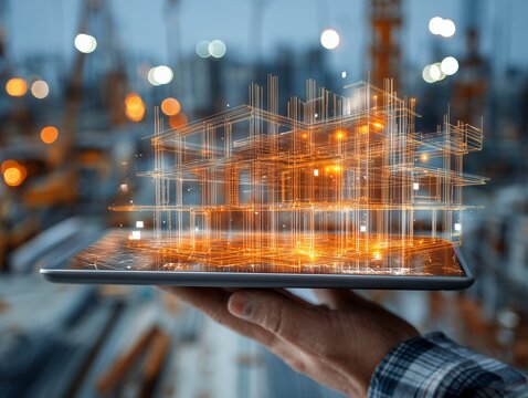 Architect holding tablet displaying digital building model on construction site. Concept for architectural design, engineering project and building information modeling