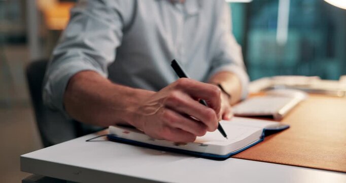 Hands, business man or writing in notebook for article planning, story facts or publishing schedule. Journalist, employee and notes at agency for column information, creative ideas and news summary