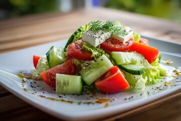 Close Up of a Greek Salad with Tomatoes Cucumbers and Feta Cheese on a White Plate on a Wooden Table
