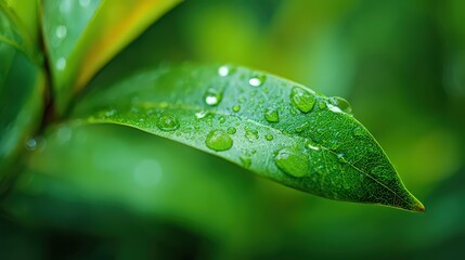 Close Up Of Dewdrops On A Vibrant Green Leaf In A Lush Natural Environment with Blurred Background