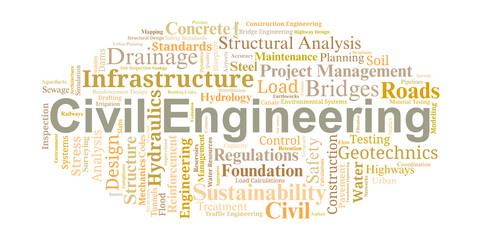 Fototapeta premium Civil Engineering Word Cloud. Key concepts highlighting structural design, infrastructure development, water systems, materials, and essential engineering principles for public works projects.