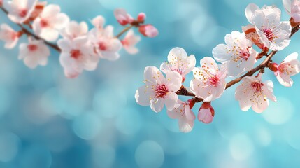 Close Up View of Cherry Blossoms on a Branch with Blue Bokeh Background
