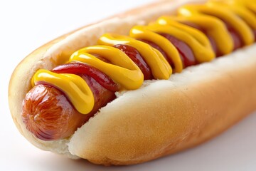 Close Up Shot of a Delicious Hot Dog with Yellow Mustard and Red Ketchup on a White Background