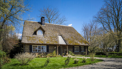 Charming thatched-roof cottage nestled in a serene, idyllic countryside setting