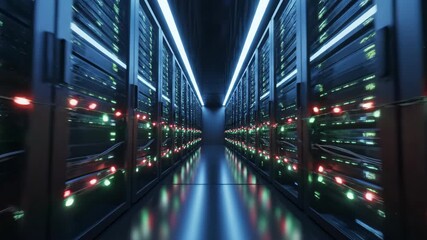 Futuristic data center corridor with glowing server racks and vibrant LED lights, showcasing advanced technology infrastructure in a modern, high-tech environment during nighttime with symmetrical - Powered by Adobe