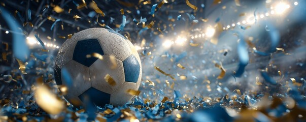 Close-up of a soccer ball with confetti falling under stadium lights, concept for victory celebration, championship event and sports advertising