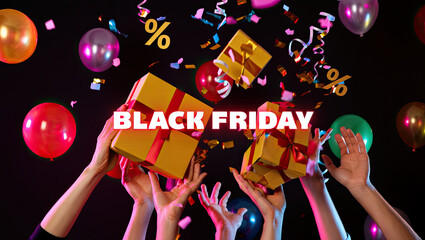 Black Friday golden gift boxes and balloons, percent signs, hand