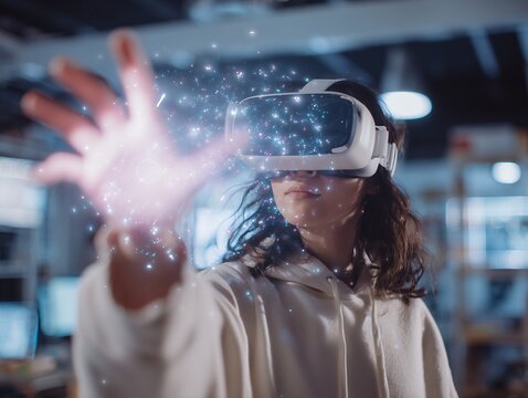Young woman with VR headset interacting with virtual reality simulation, augmented reality. Concept for gaming experience, digital world and technological innovation
