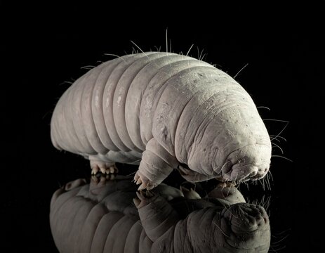 Detailed Microscopic View of a Tardigrade on a Reflective Surface.