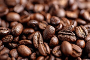 Close Up View Of Roasted Coffee Beans Displaying Texture and Detail in Brown Tones