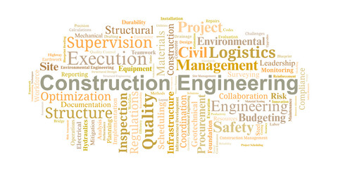 Fototapeta premium Construction Engineering Word Cloud. Core concepts covering project execution, site management, safety, materials, planning, and quality standards essential for infrastructure development.