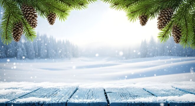 Festive winter background with a snowy wooden table and pine branches - Powered by Adobe